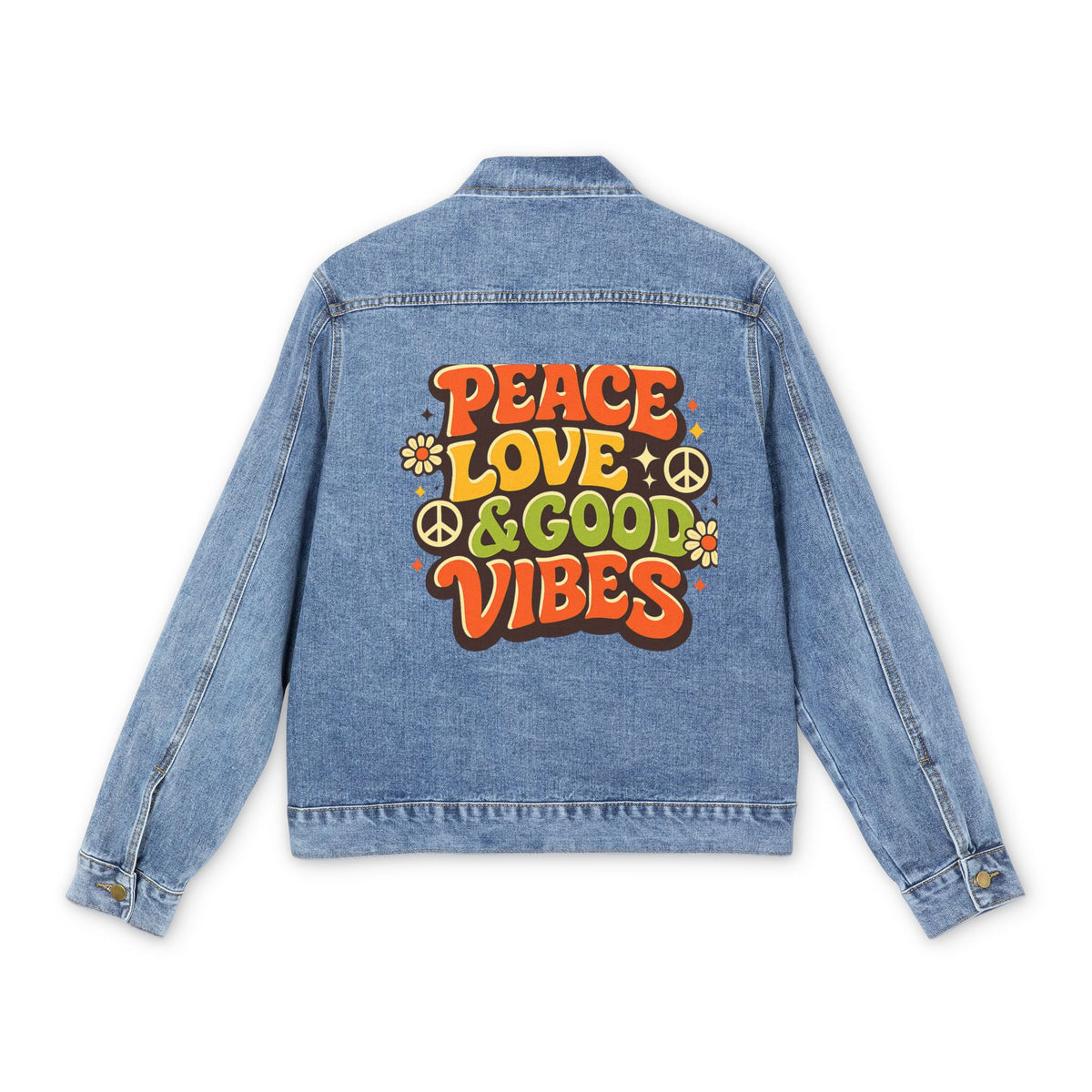 Peace, Love & Good Vibes Men's Denim Jacket — 70s Retro Festival Trucker
