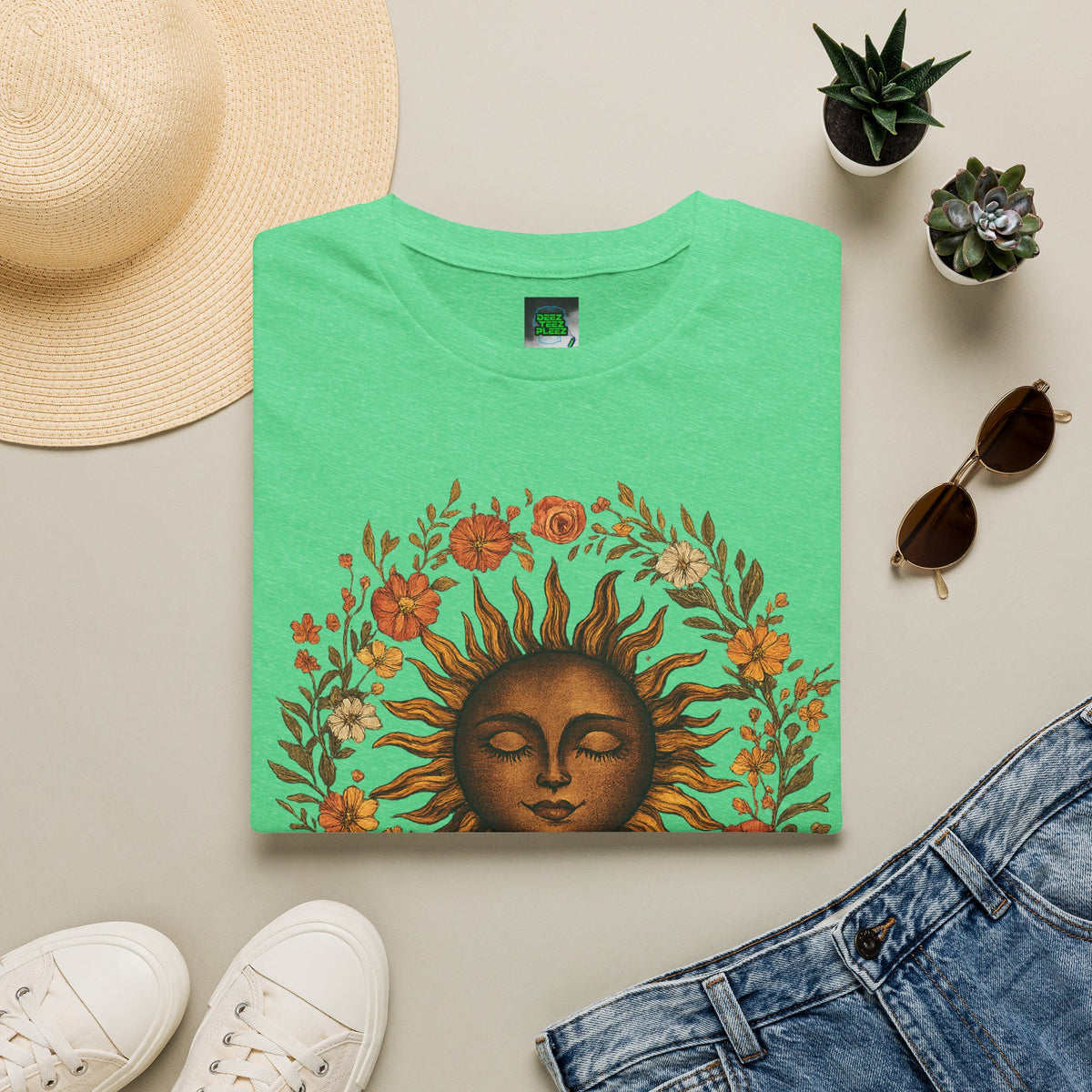 Sunflower Sun T-Shirt — Vintage Boho Sun Face Floral Tee